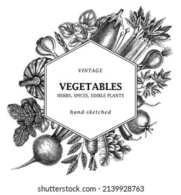 Hand-sketched vegetable frame design. Hand-drawn tomatoes, squashes, peppers, potatoes, asparagus, and other vegetable card template. Healthy food background for menu, recipe, restaurant, packaging