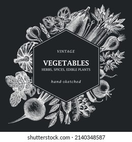 Hand-sketched vegetable frame design on chalkboard. Hand-drawn tomatoes, squashes, peppers, potatoes, asparagus and other vegetables card. Healthy food template for menu, recipe, restaurant, packaging