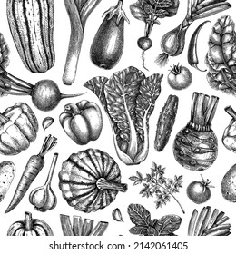 Hand-sketched vegetable seamless pattern. Vector background with healthy food elements in vintage style. The fresh vegetable backdrop for wrapping paper, banner, textile, and menu design.