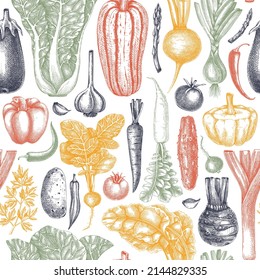 Hand-sketched vegetable seamless pattern. Vector background with healthy food elements in vintage style. The fresh vegetable backdrop for wrapping paper, banner, textile, and menu design.