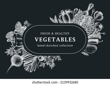 Hand-sketched vegetables design. Hand-drawn tomatoes, squashes, peppers, potatoes, asparagus and other vegetables. Healthy food banner for menu, restaurant, packaging, labels. Botanical illustration 