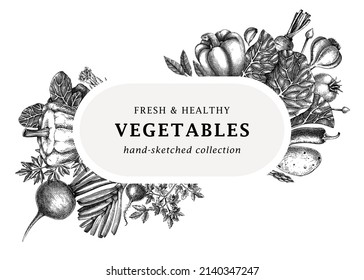 Hand-sketched vegetables design. Hand-drawn tomatoes, squashes, peppers, potatoes, asparagus and other vegetables. Healthy food banner for menu, restaurant, packaging, labels. Botanical illustration 