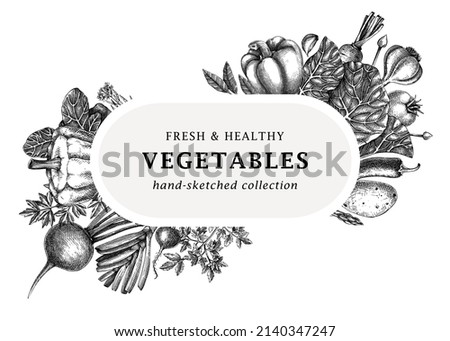 Hand-sketched vegetables design. Hand-drawn tomatoes, squashes, peppers, potatoes, asparagus and other vegetables. Healthy food banner for menu, restaurant, packaging, labels. Botanical illustration 