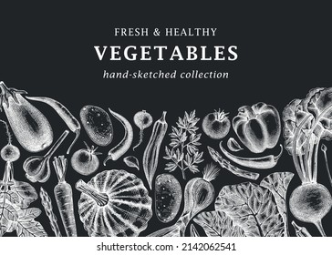 Hand-sketched vegetables design on chalkboard. Hand-drawn tomatoes, squashes, peppers, potatoes, asparagus drawings and other vegetables. Healthy food banner for menu, restaurant, packaging, labels. 