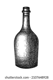 Hand-sketched whiskey bottle illustration. Vector sketch of alcoholic drink in glassware. Alcohol beverage bottle hand-drawing isolated on white. For shop, bar, or restaurant menu design.