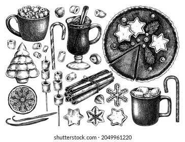 Hand-sketched winter desserts and hot drinks illustrations. Mulled wine, hot chocolate, candies and cookies drawings. Hand-drawn winter food and drinks sketches