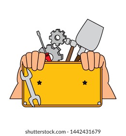 hands,lifting metal plate with construction tools