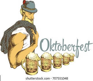 
Handsom guy and beer mugs. Oktoberfest idea. Vector illustration