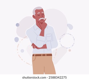 Handsome active senior mature man, elder businessman pondering pose. Old experienced male, grey hair, moustache, older business owner. Vector flat style cartoon illustration on creative background