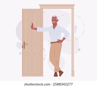 Handsome active senior mature man, elder businessman door opening pose. Old experienced male, grey hair, moustache older business owner. Vector flat style cartoon illustration, creative background