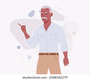 Handsome active senior mature man, elder businessman finger point pose. Old experienced male, grey hair, moustache, older business owner. Vector flat style cartoon illustration, creative background