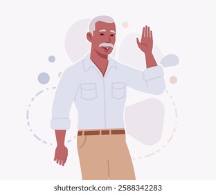 Handsome active senior mature man, elder businessman hand hello pose. Old experienced male, grey hair, moustache, older business owner. Vector flat style cartoon illustration on creative background