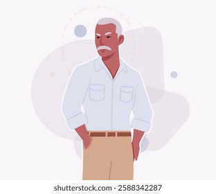 Handsome active senior mature man, elder businessman sure model pose. Old experienced male, grey hair, moustache, older business owner. Vector flat style cartoon illustration on creative background