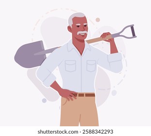 Handsome active senior mature man, elder businessman carrying spade. Old experienced male, grey hair, moustache, older business owner. Vector flat style cartoon illustration on creative background