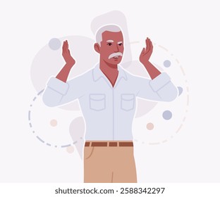 Handsome active senior mature man, elder businessman angry irritated pose. Old experienced male, grey hair, moustache, older business owner. Vector flat style cartoon illustration, creative background