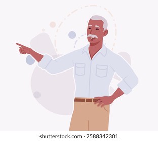 Handsome active senior mature man, elder businessman pointing, blaming. Old experienced male, grey hair, moustache, older business owner. Vector flat style cartoon illustration, creative background