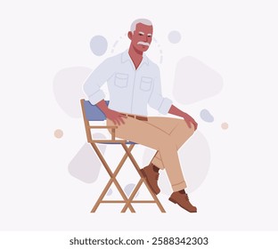 Handsome active senior mature man, elder businessman sitting on chair pose. Old experienced male, grey hair, moustache older business owner. Vector flat style cartoon illustration, creative background