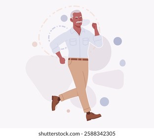 Handsome active senior mature man, elder businessman running pose. Old experienced male, grey hair, moustache, older business owner. Vector flat style cartoon illustration on creative background