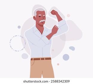 Handsome active senior mature man, elder businessman strong muscles pose. Old experienced male, grey hair, moustache, older business owner. Vector flat style cartoon illustration, creative background