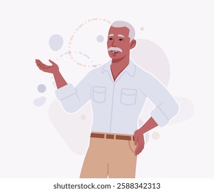 Handsome active senior mature man, elder businessman giving speech pose. Old experienced male, grey hair, moustache, older business owner. Vector flat style cartoon illustration, creative background