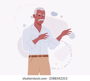 Handsome active senior mature man, elder businessman explaining pose. Old experienced male, grey hair, moustache, older business owner. Vector flat style cartoon illustration on creative background