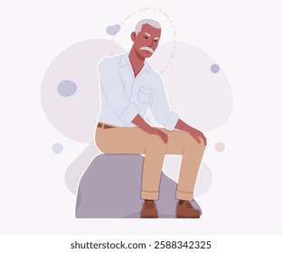 Handsome active senior mature man, elder businessman sitting on stone pose. Old experienced male, grey hair, moustache older business owner. Vector flat style cartoon illustration, creative background