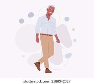 Handsome active senior mature man, elder businessman move sad pose. Old experienced male, grey hair, moustache, older business owner. Vector flat style cartoon illustration on creative background