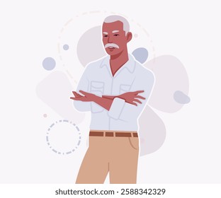 Handsome active senior mature man, elder businessman arm crossed pose. Old experienced male, grey hair, moustache, older business owner. Vector flat style cartoon illustration, creative background