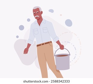 Handsome active senior mature man, elder businessman carrying bucket. Old experienced male, grey hair, moustache, older business owner. Vector flat style cartoon illustration on creative background