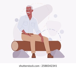 Handsome active senior mature man, elder businessman sitting on log pose. Old experienced male, grey hair, moustache, older business owner. Vector flat style cartoon illustration, creative background