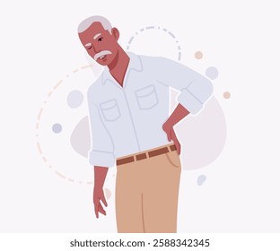 Handsome active senior mature man, elder businessman feels backache pose. Old experienced male, grey hair, moustache, older business owner. Vector flat style cartoon illustration, creative background