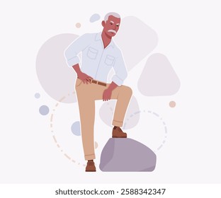 Handsome active senior mature man elder businessman standing on stone pose. Old experienced male, grey hair, moustache older business owner. Vector flat style cartoon illustration, creative background