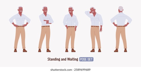 Handsome active senior mature man, elder businessman stand, wait pose set. Serious grandfather, old experienced male, grey hair, moustache, older business owner. Vector flat style cartoon illustration