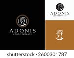 Handsome Adonis Mythical God with circular Greek key Greece fret meander pattern frame border classic logo design
