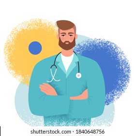 Handsome adult male doctor with arms crossed. Medical doctor in uniform with a stethoscope. General practitioner, cardiologist or surgeon. Isolated flat vector illustration on an abstract background