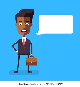 Handsome african american businessman in formal suit holding an envelope with a letter. Cartoon character -  cute manager. Stock vector illustration in flat design. 