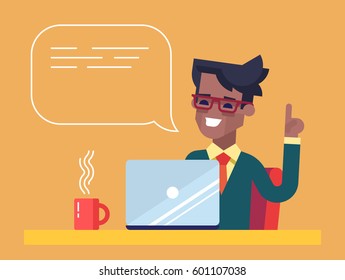 Handsome african american businessman working on his laptop holding up his index finger and giving advice. Attractive manager speaking with speech bubble. Vector illustration in the flat style.