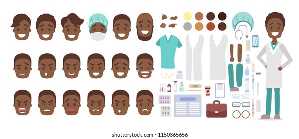 Handsome african american doctor character set for animation with various views, hairstyles, emotions, poses and gestures. Medical equipment like syringe and stethoscope. Isolated vector illustration