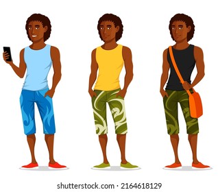 Un hombre afroamericano guapo con un traje de verano casual. Joven genial con pantalones cortos de pie con las manos en los bolsillos. Caricatura. Aislado en blanco.