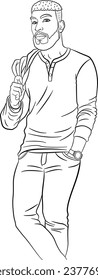 Handsome African American Male Model for Coloring Page. Vector Illustration of a Stylish Young Man. Fashion model Posing. Urban casual style