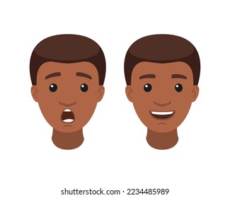Handsome African American Man Character Demonstrating Face Emotion Vector Set