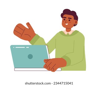 Handsome african american man with earring semi flat color vector character. Editable half body office worker with laptop on white. Simple cartoon spot illustration for web graphic design