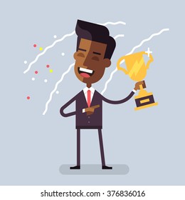 Handsome african american man in formal suit is holding a golden cup and smiling friendly. Vector illustration in flat design.
