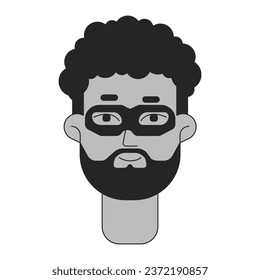 Handsome african american man in mask monochrome flat linear character head. Editable outline hand drawn human face icon. Young brunette man 2D cartoon spot vector avatar illustration for animation