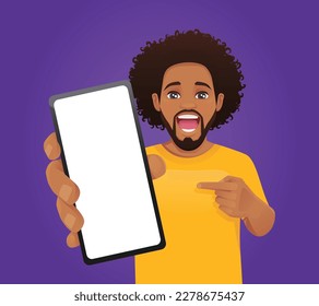 Handsome African American man showing pointing to the blank phone screen vector illustration on purple background