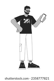 Handsome african american man with smartfone flat line black white vector character. Editable outline full body person. Using gandet simple cartoon isolated spot illustration for web graphic design