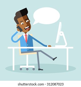 Handsome african american manager in formal suit sitting at a desk with a computer and talking on cell phone. Cartoon character - african businessman. Stock vector illustration style flat. 