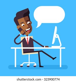 Handsome african american manager in formal suit sitting legs crossed at the desk with a computer and talking on cell phone. Cartoon character - african businessman. Vector illustration style flat. 