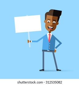 Handsome african american manager holding a poster. Cartoon character - businessman with banner. Template for your text. Stock vector illustration style flat