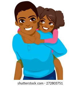Handsome African American young father with his daughter on piggyback ride smiling happy together